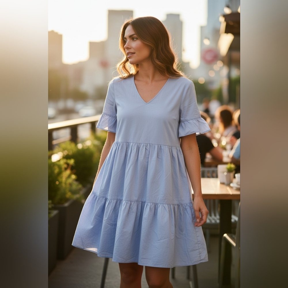 light blue V-neck tiered dress